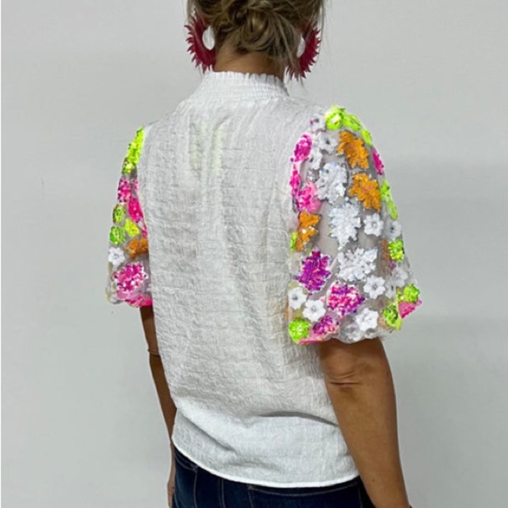 NWT…Boutique Smocked Neck Textured Top With Sequin Puff Short Sleeves - Picture 8 of 10